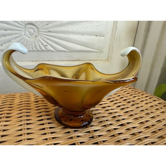 Vintage MCM Midcentury Art Glass Dish/Bowl Amber and Milk Glass - Picture 7 of 13